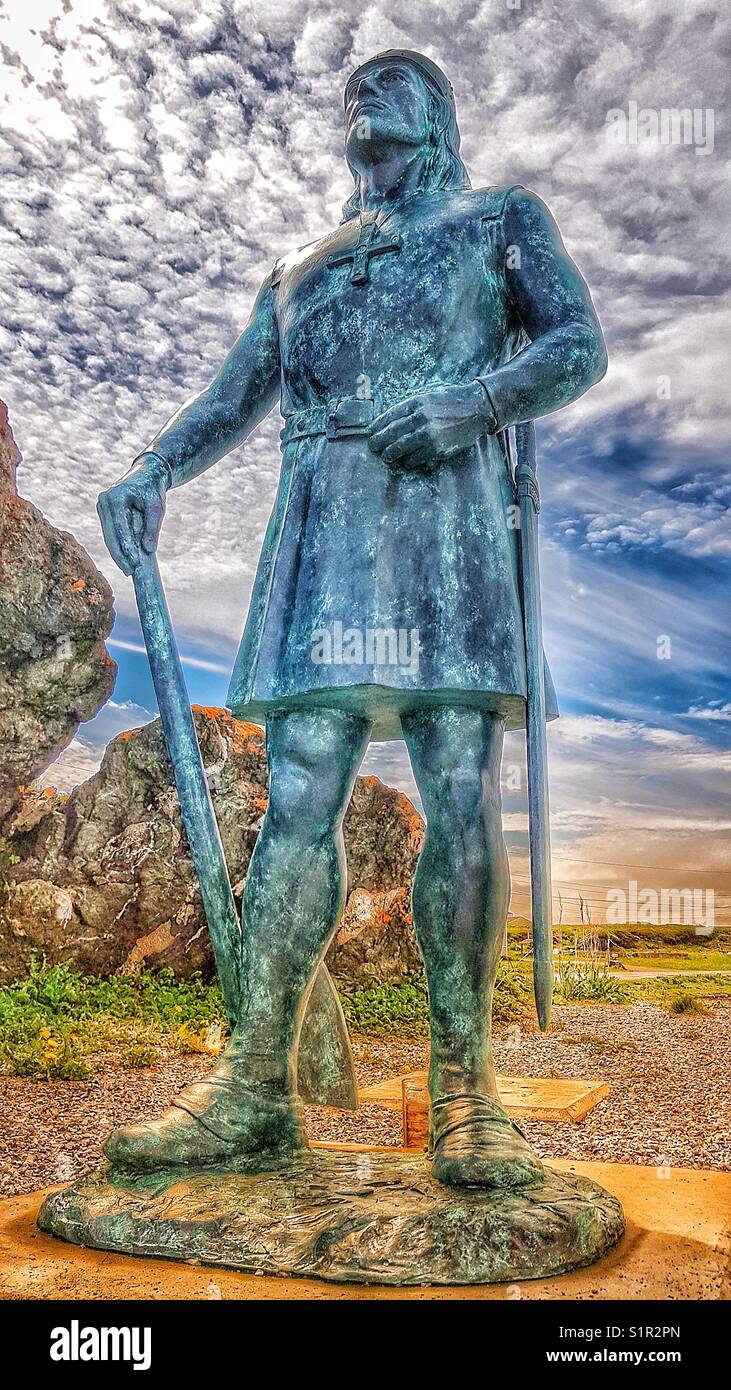 Leif Erickson Statue, L'Anse aux Meadows UNESCO Weltkulturerbe, Neufundland, Kanada. Isländische Eriksson war die erste bekannte Europa Nordamerika zu entdecken - Smartphone-aufgenommenes Stockfoto