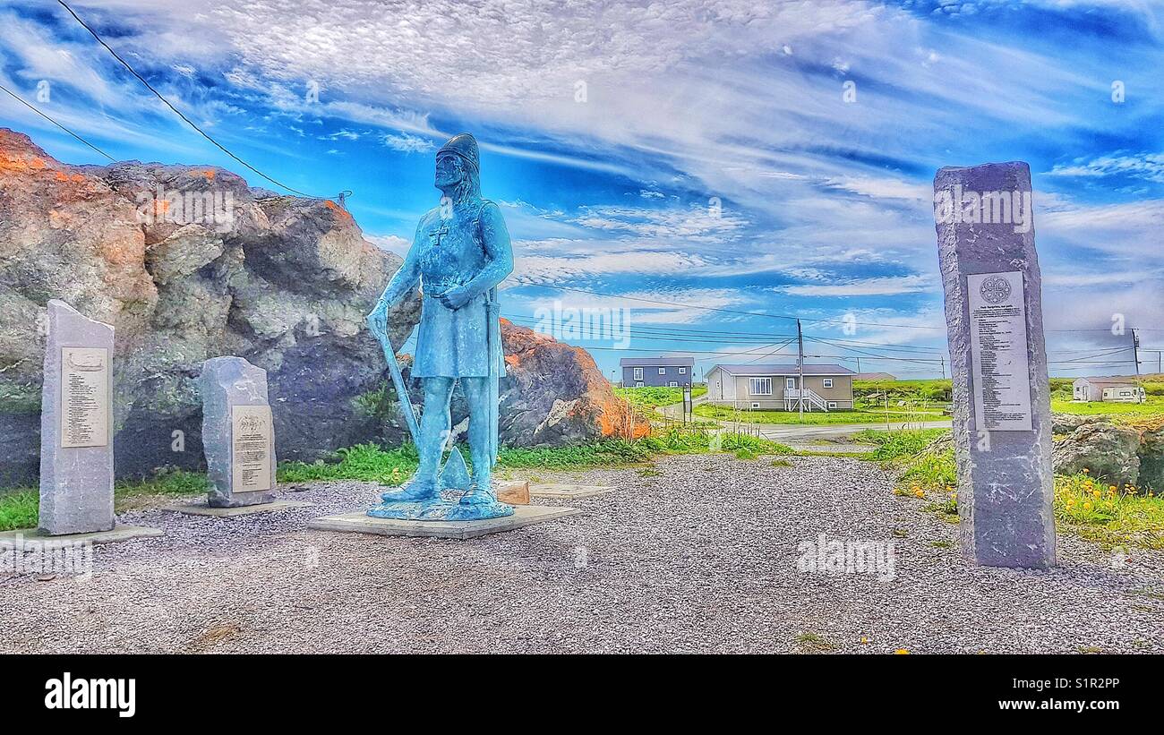 Leif Eriksson Skulptur, L'Anse aux Meadows UNESCO Weltkulturerbe, Neufundland, Kanada. Isländische Eriksson war die erste bekannte Europa Nordamerika zu entdecken. Stockfoto