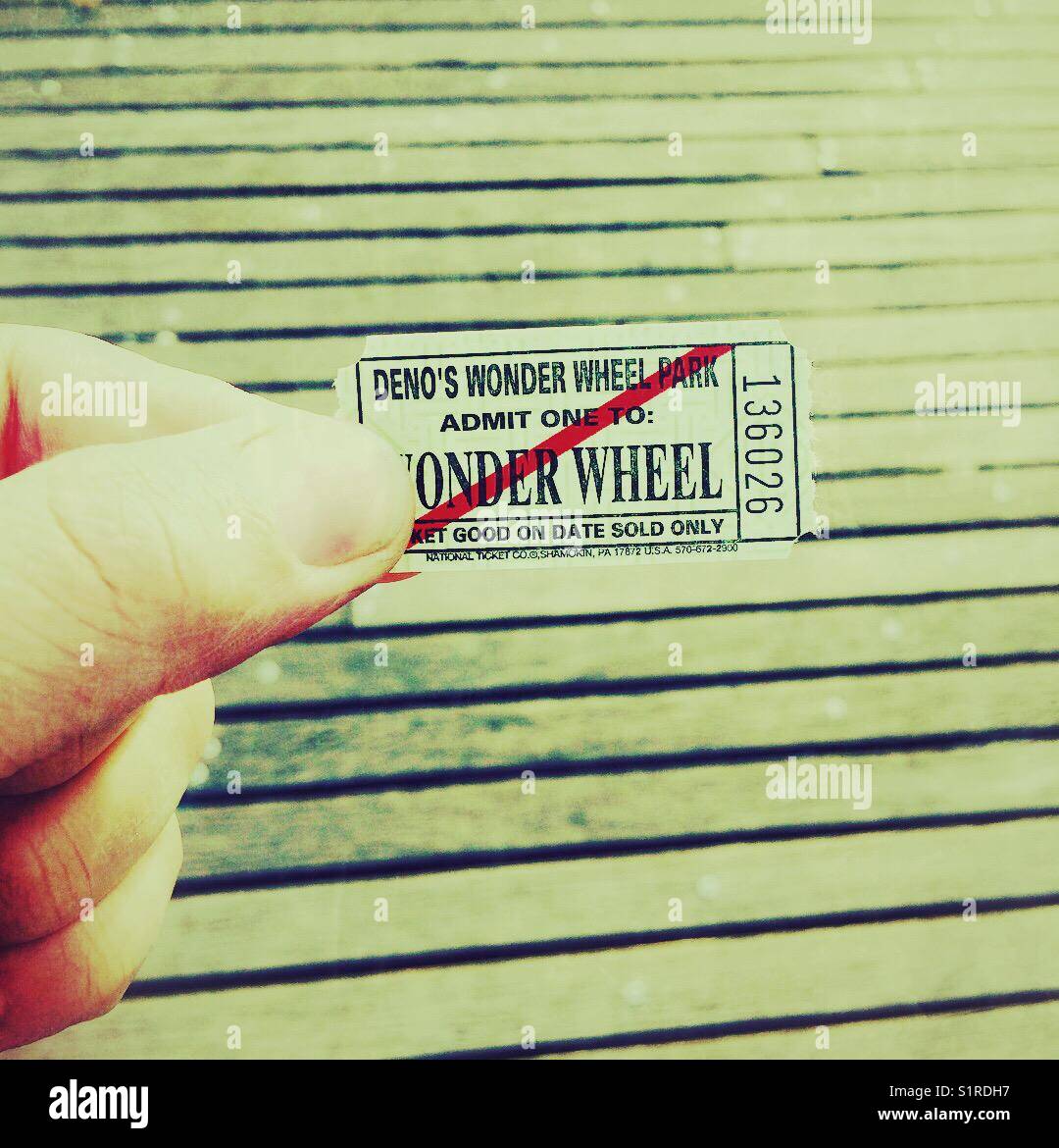 Ticket für DENO'S WONDER WHEEL, Coney Island, Brooklyn, Vereinigte Staaten von Amerika. Stockfoto