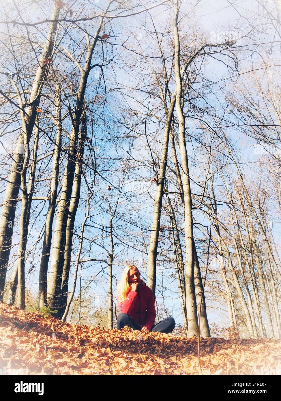 Mädchen im Herbst Wald Tag träumen Stockfoto