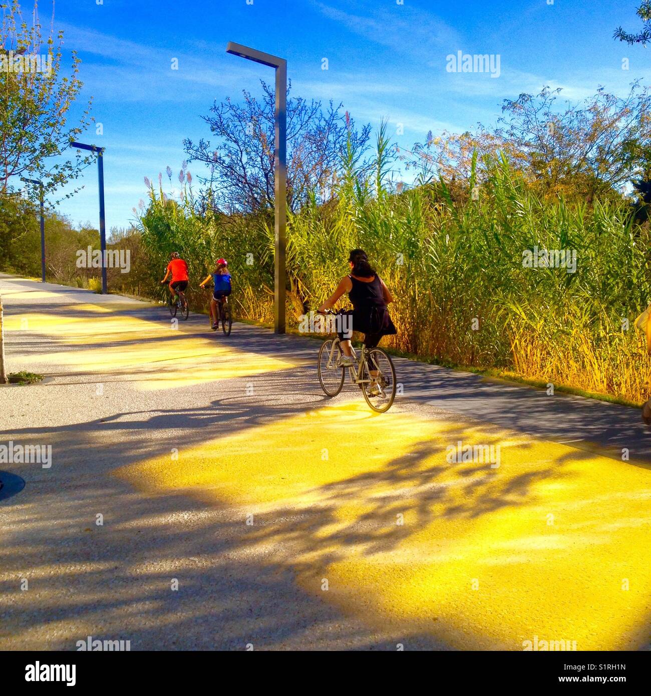 Radfahrer, die in den Überlegungen des Gebäudes Koh-I-Noor, Port Marianne, Montpellier Frankreich - Smartphone-aufgenommenes Stockfoto