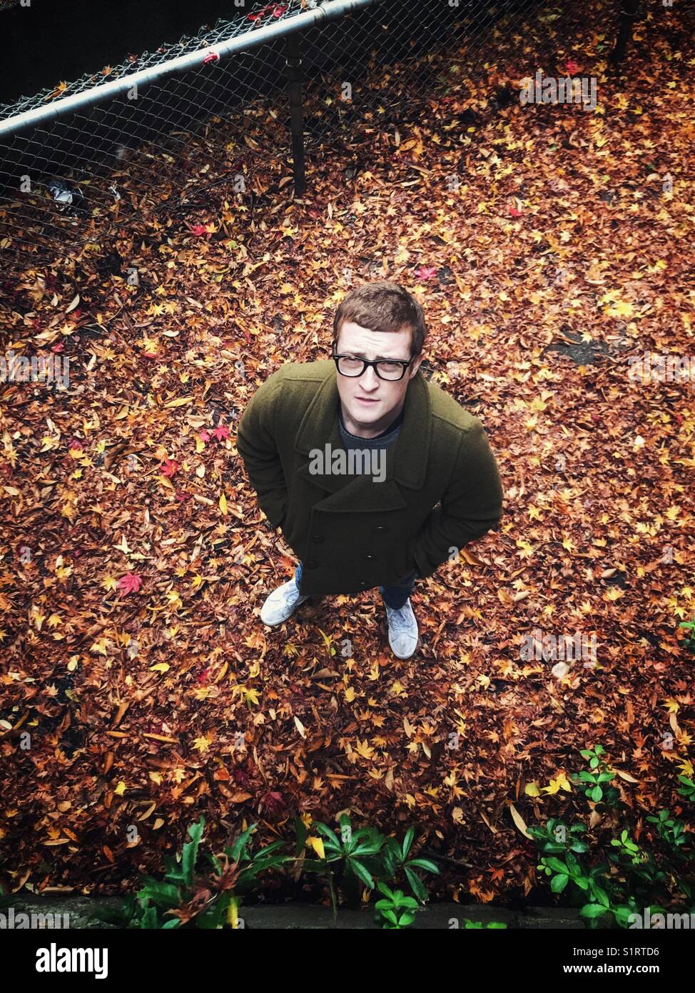 Mann im Herbst Blätter, von oben Stockfoto