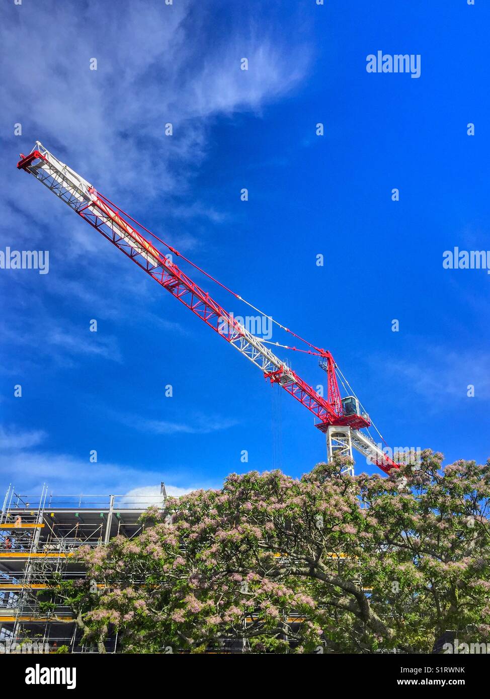 Bau kran auftauchenden hoch in den blauen Himmel über einer urbanen Landschaft Stockfoto