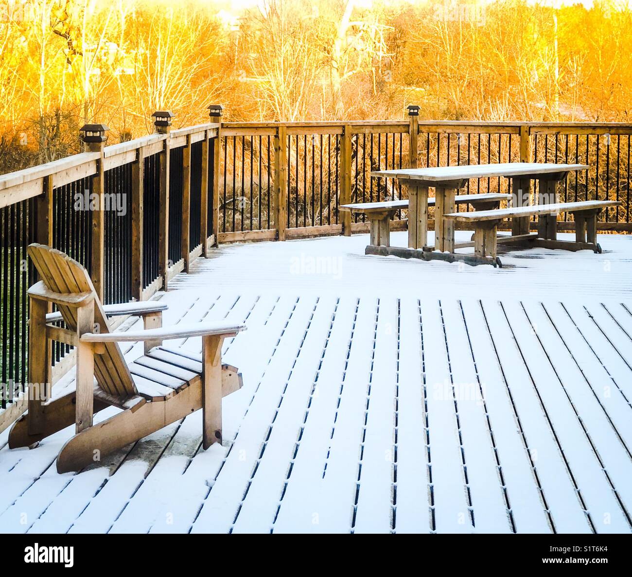 Holzterrasse mit Picknicktisch und Adirondack (Muskoka) Stuhl, leicht im Schnee bei Sonnenuntergang bedeckt, mit sonnenbeleuchteten Bäumen im Hintergrund - Smartphone-aufgenommenes Stockfoto