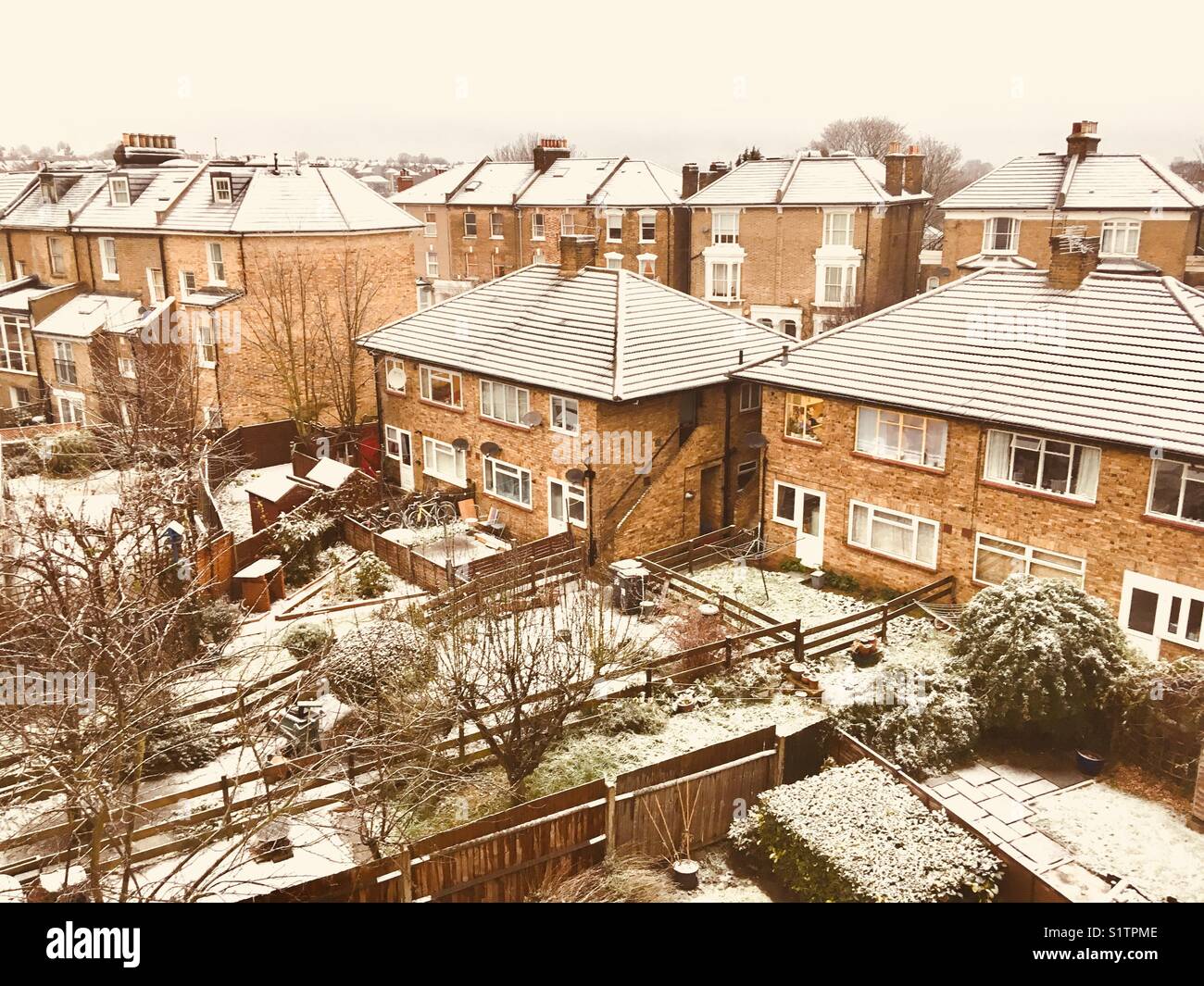 Schnee bedeckte Häuser und Dächer in Brockley, South London. Stockfoto