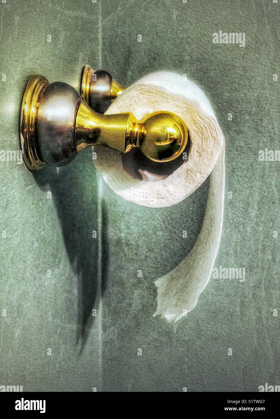 Seitenansicht der WC-Papierrollen auf einem Blech und Metall Halter teilweise rollte mit einem teal Wand Hintergrund Stockfoto