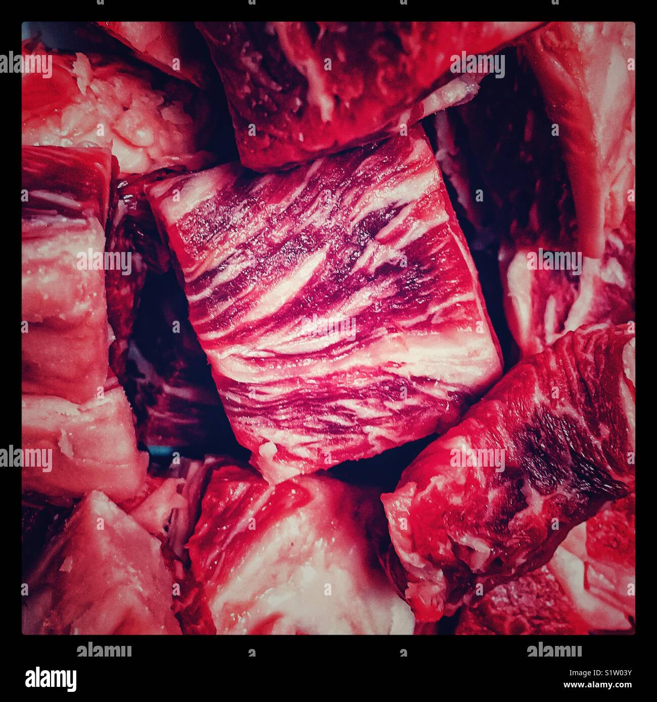 Würfel von Rindfleisch für Fondue Abendessen vorbereitet Stockfoto