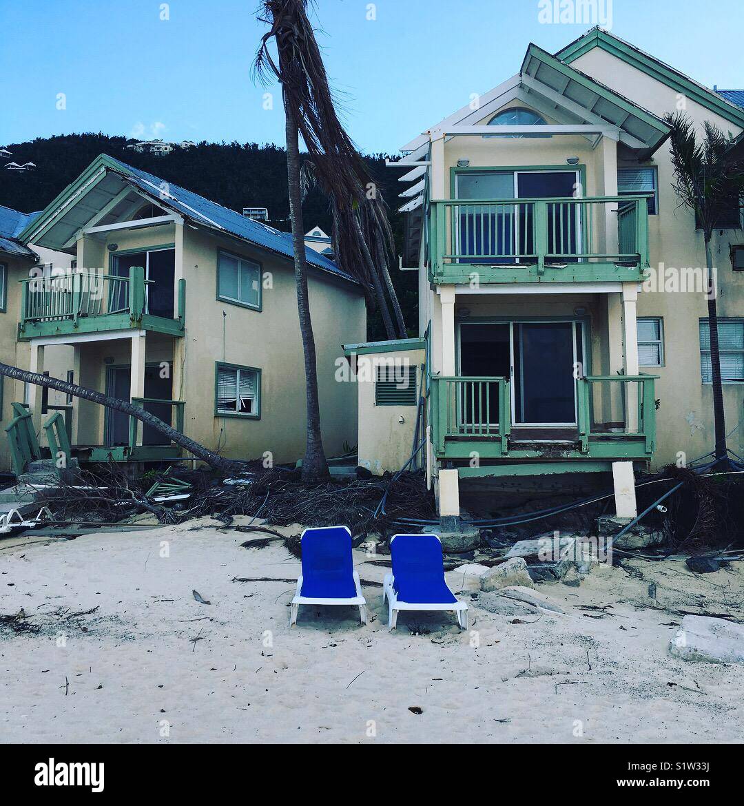 Tortola BVI Verwüstung am Strand Hütten nach dem Hurrikan Irma Stockfoto