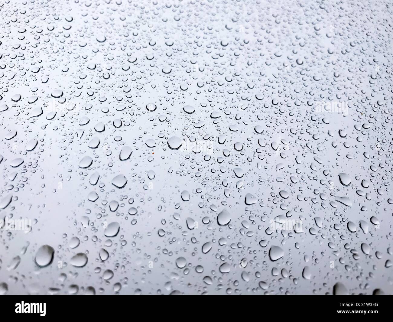 Regentropfen auf einem Fenster gegen einen grauen Himmel Stockfoto