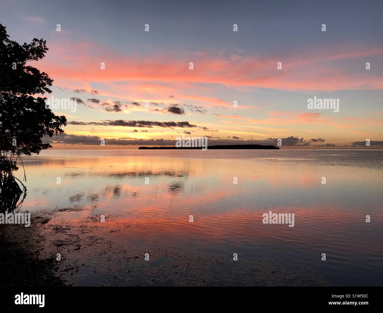Am frühen Morgen Licht auf die Biscayne Bucht während der Wintersonnenwende. Schuß auf ein iPhone 7 an RoyalHarborYachtClub in Palmetto Bay, Florida. Stockfoto