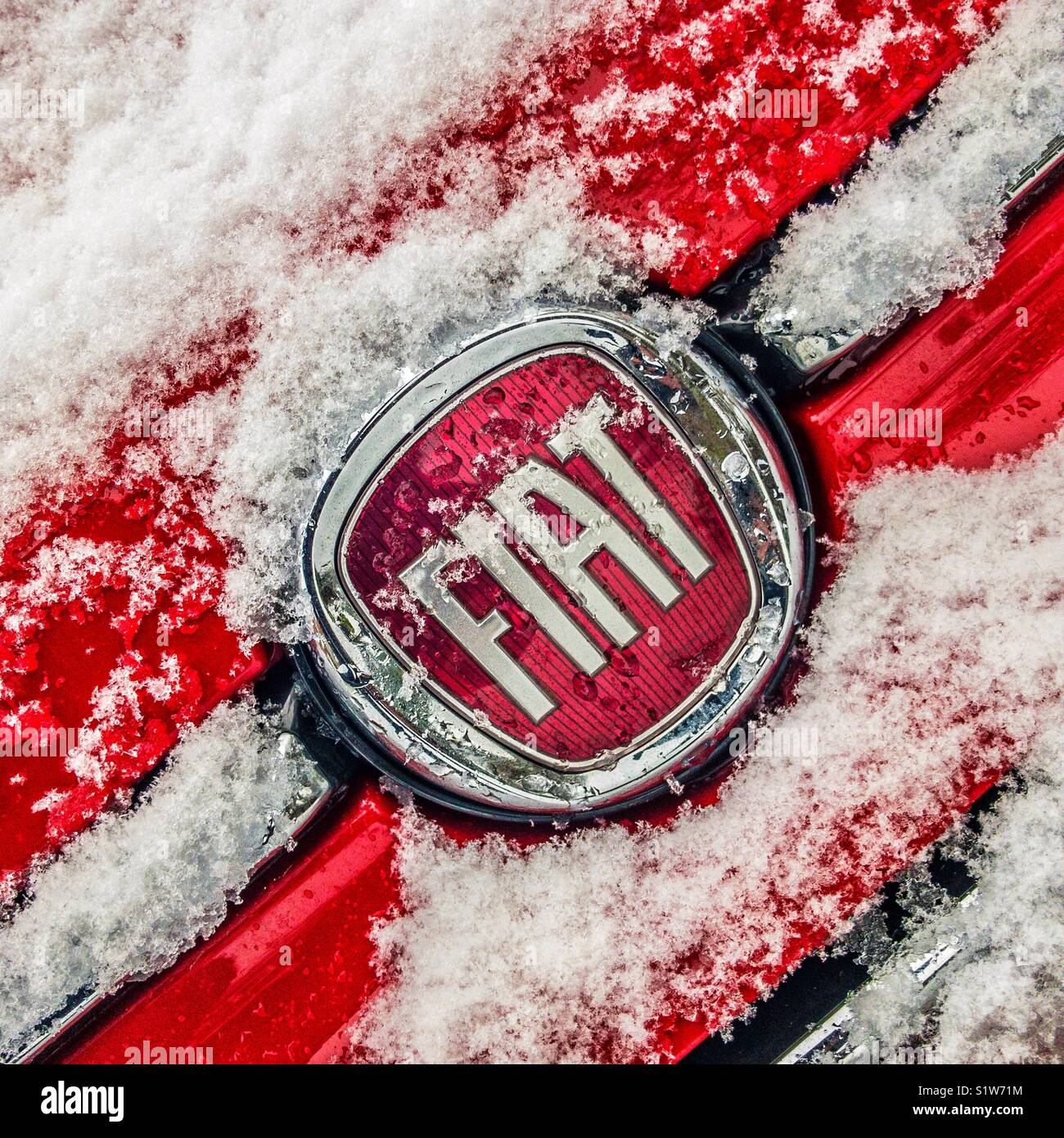 Fiat Badge auf roten Fiat 500 Auto mit Schnee - Smartphone-aufgenommenes Stockfoto