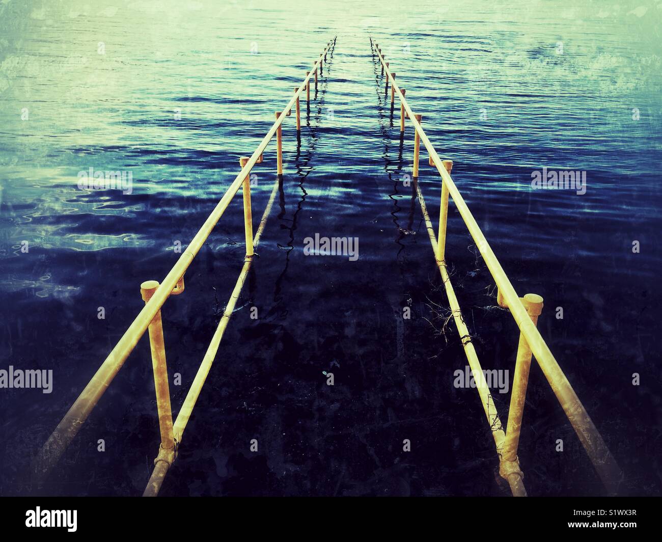 Gelber Rampe Geländer geht in das blaue Wasser des Lake Sammamish Stockfoto