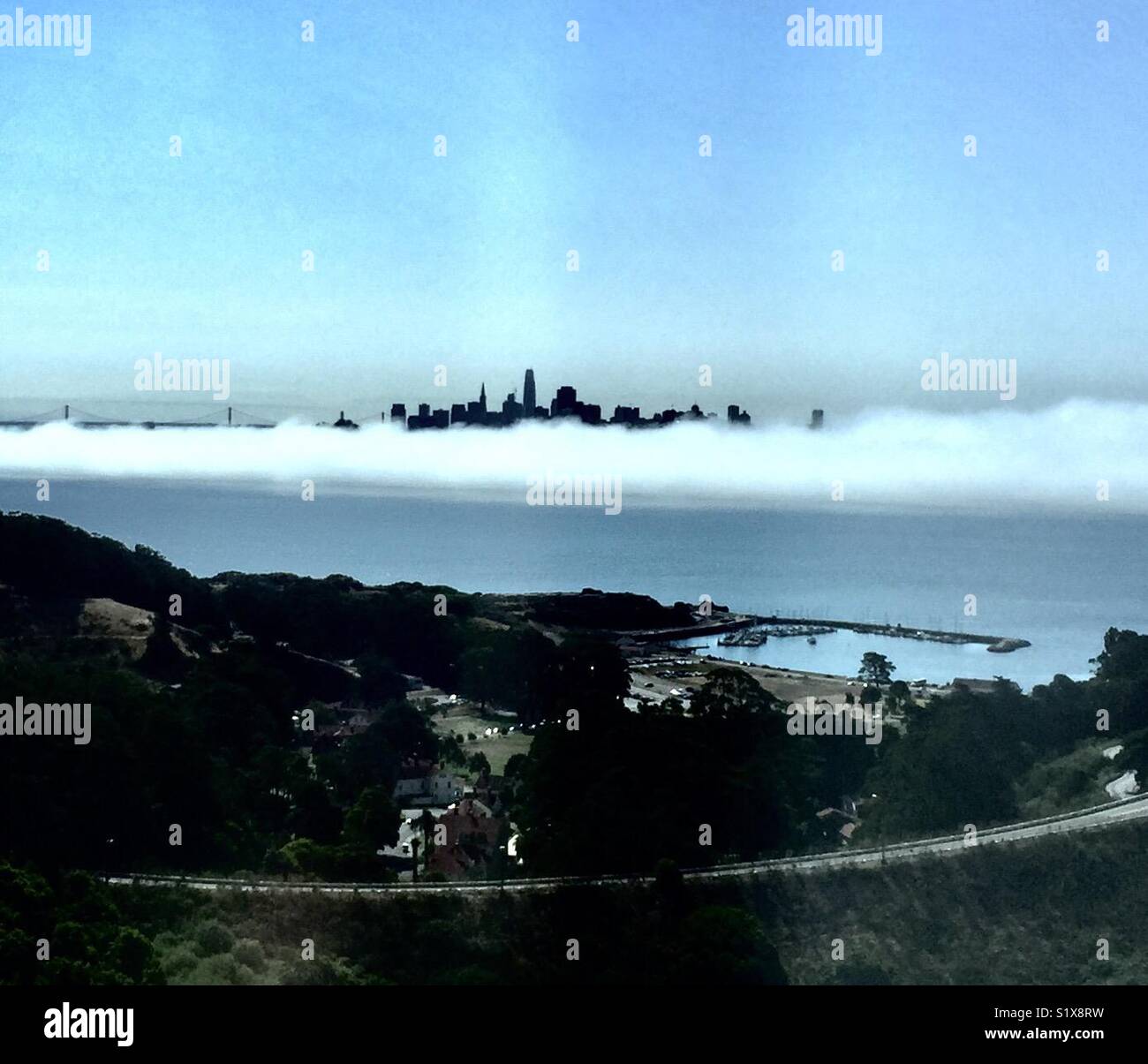 San Francisco Skyline über Nebel, Ansicht von Marin County, Kalifornien, USA. Stockfoto