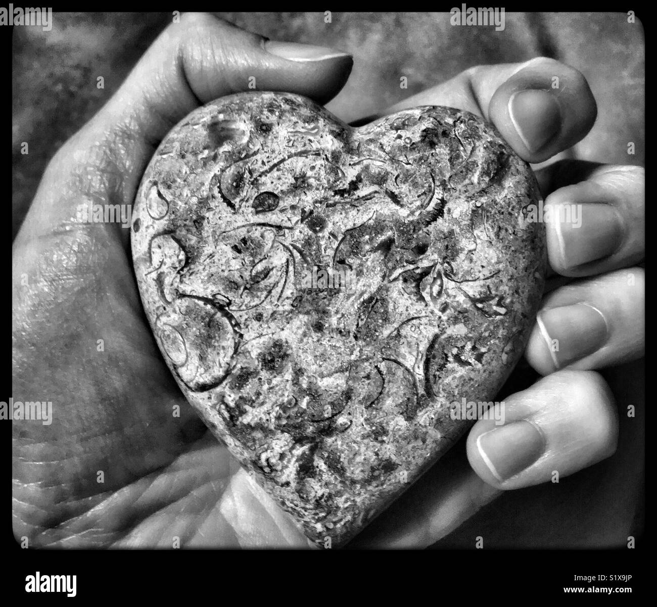 Herz aus Stein in der Hand Stockfoto