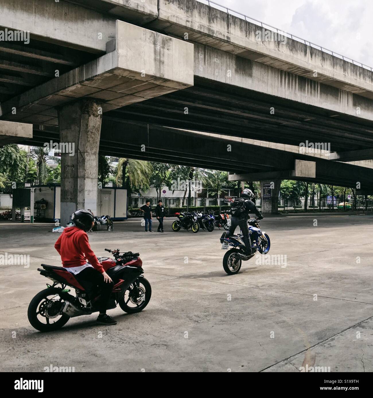 Stunt Männer nutzen Motorräder in einem Park Bangkok, Thailand Tricks zu tun Stockfoto