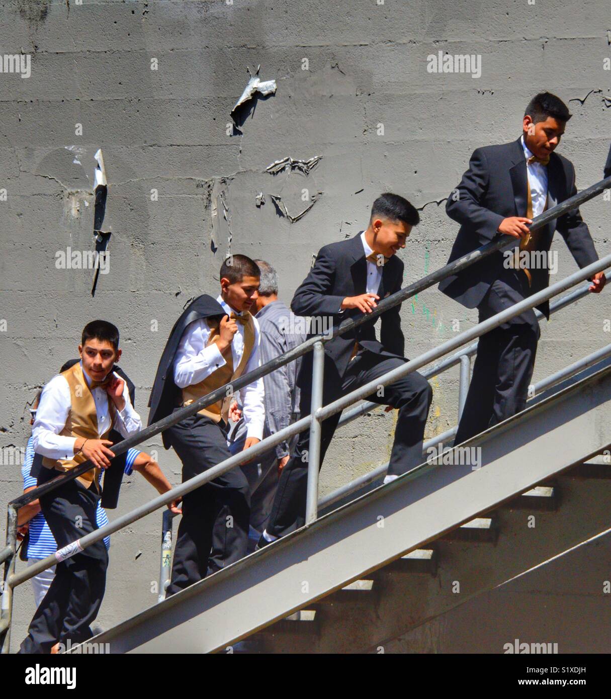 Gruppe von ähnlich gut gekleideter Mann zu Fuß die Treppen hinauf nach der Teilnahme an einer Hochzeitsfeier - Smartphone-aufgenommenes Stockfoto