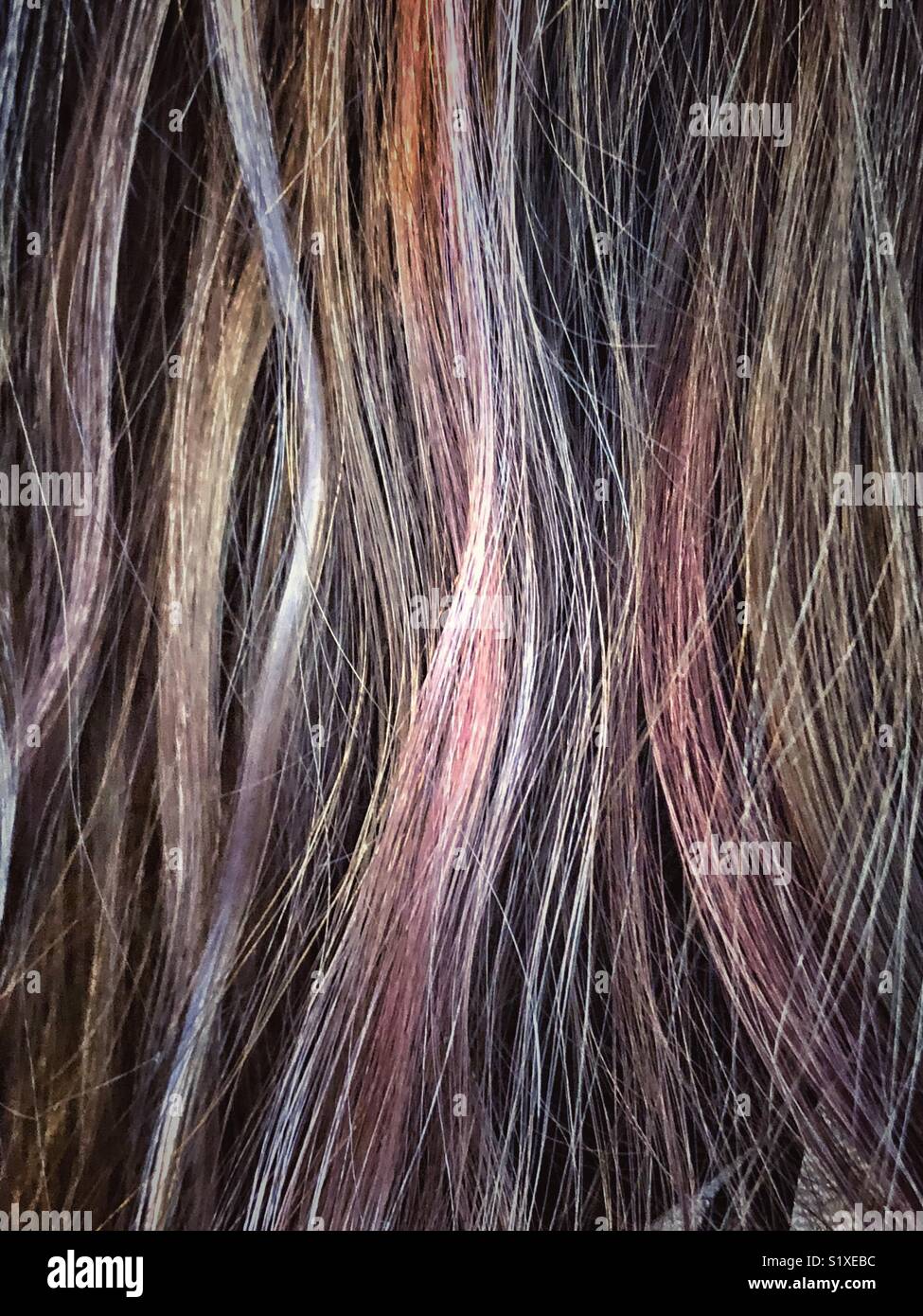 Nahaufnahme der Brünette Haare mit rosa und lila subtile Highlights Stockfoto
