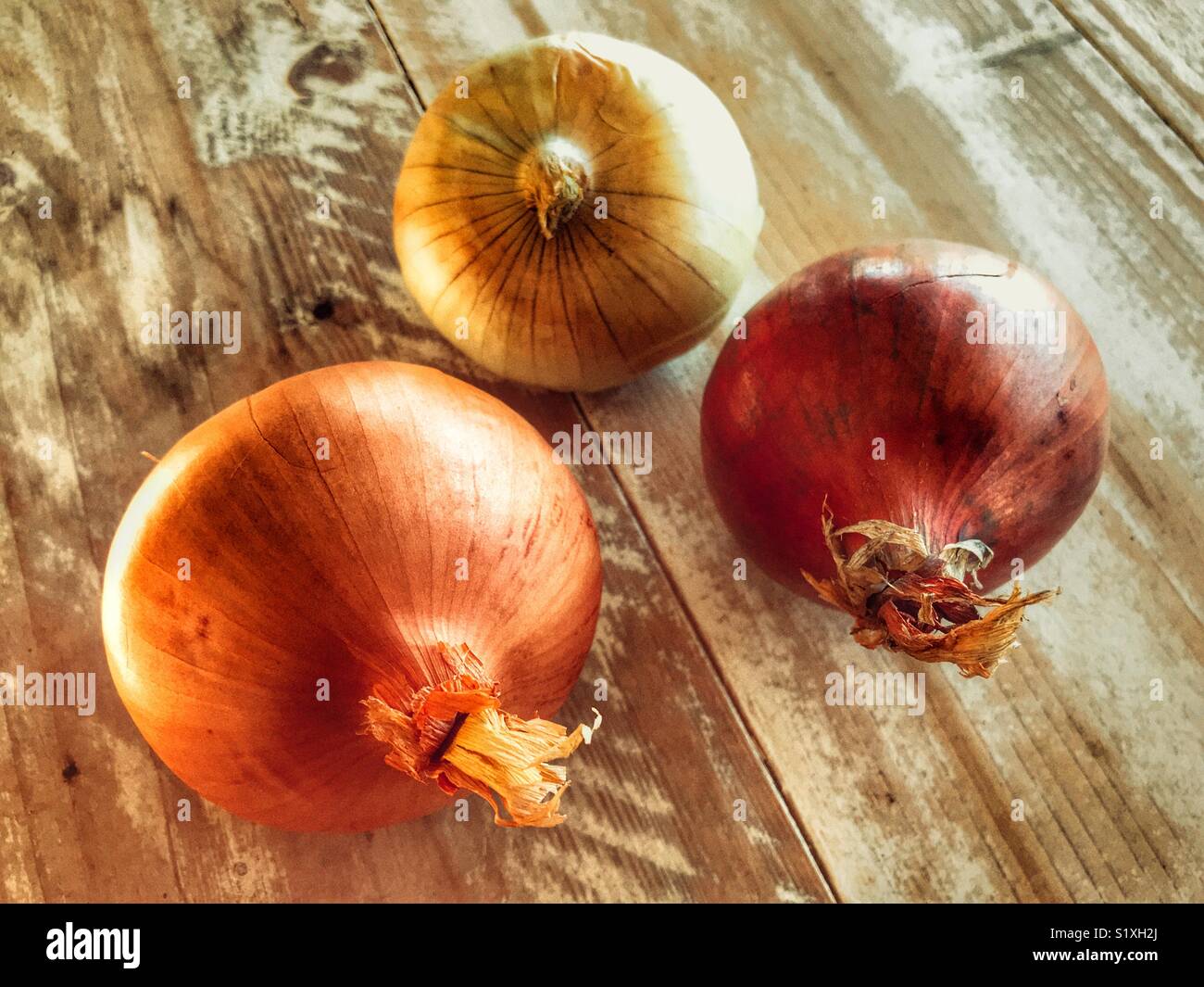 Drei verschiedene Arten von Zwiebeln auf einer hölzernen Tischplatte Stockfoto