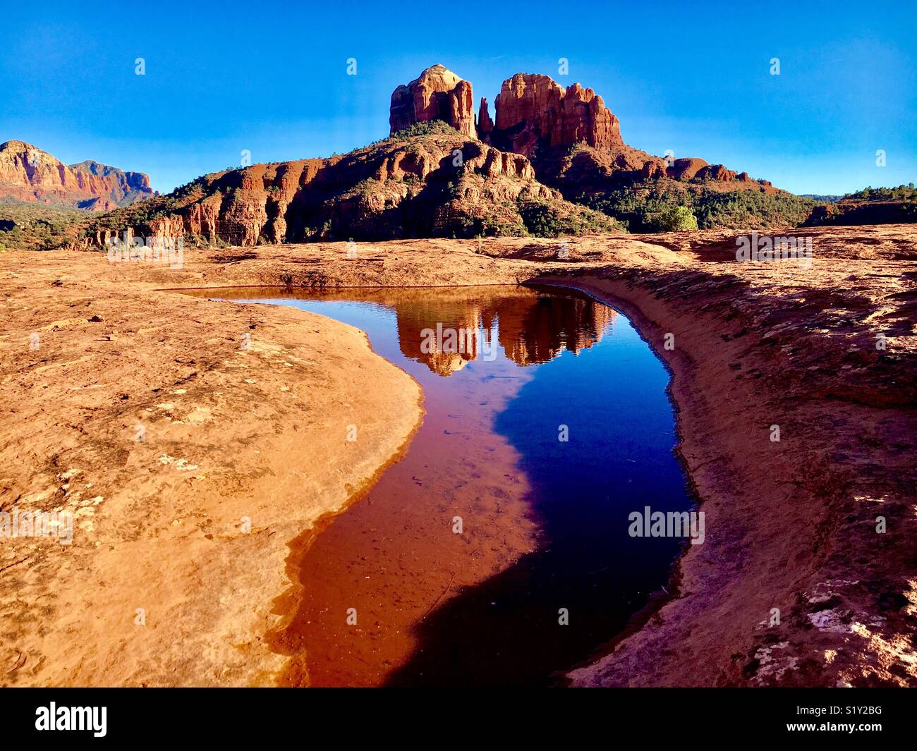 Cathedral Rocks Reflexion Landschaft Sedona Arizona Stockfoto