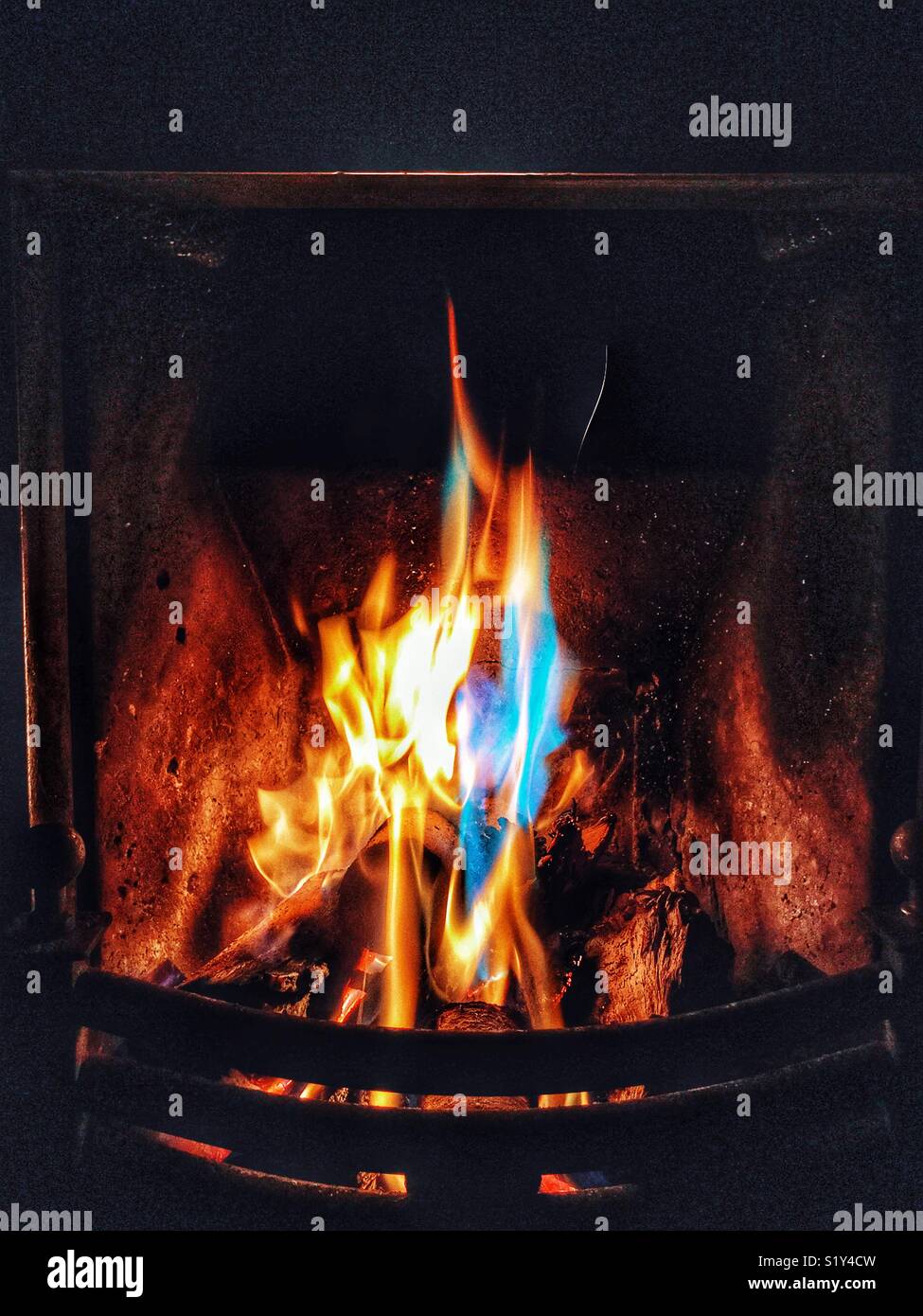 Offener Kamin mit einem dekorativen blauen Flamme, die durch das Brennen  einer "Northern Lights" Pine Cone Stockfotografie - Alamy