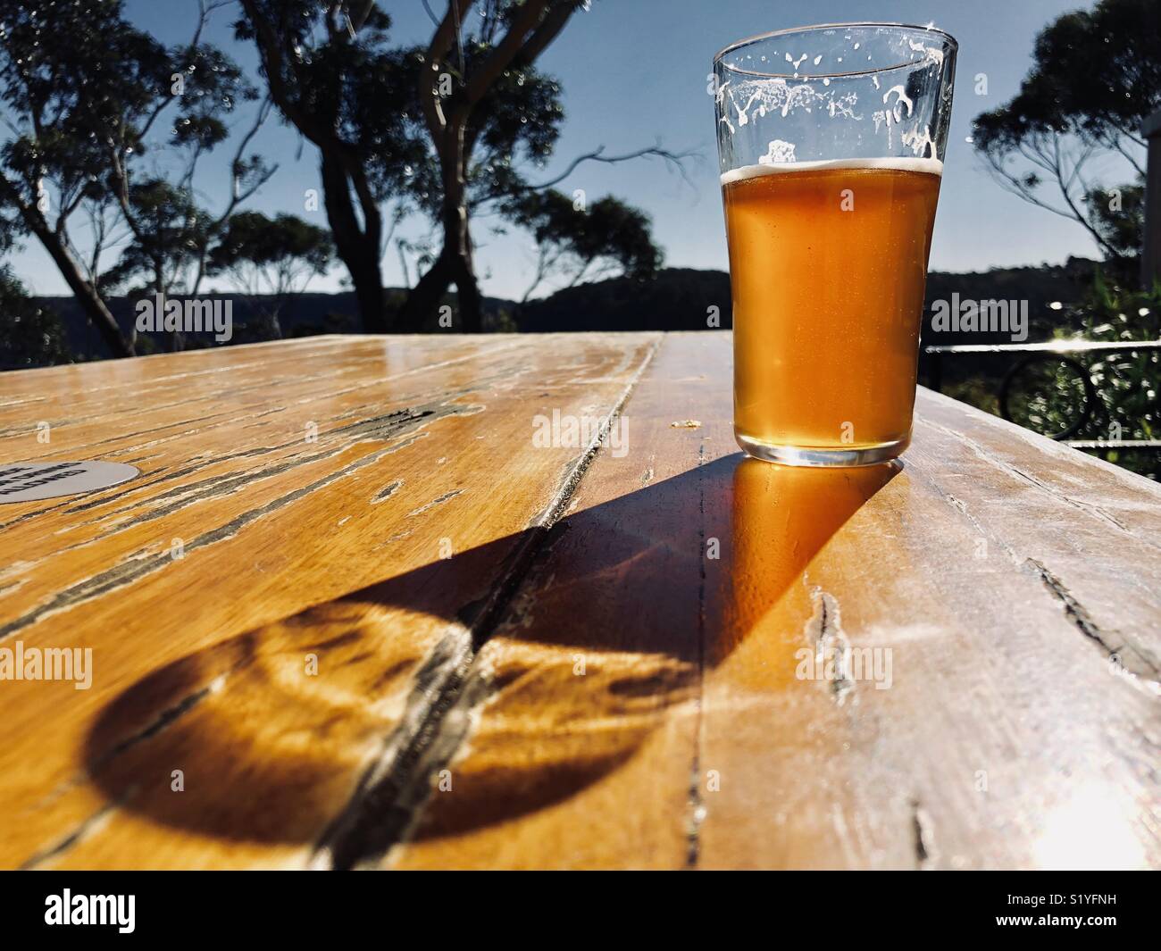 Pint Bier auf einer hölzernen Tisch draußen werfen einen langen Schatten von der Sonne Stockfoto