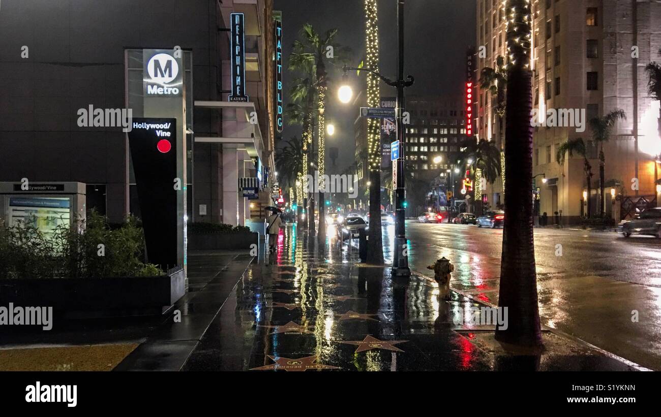 Hollywood Boulevard, Los Angeles, mit dem Walk of Fame in der Nacht im Regen Stockfoto