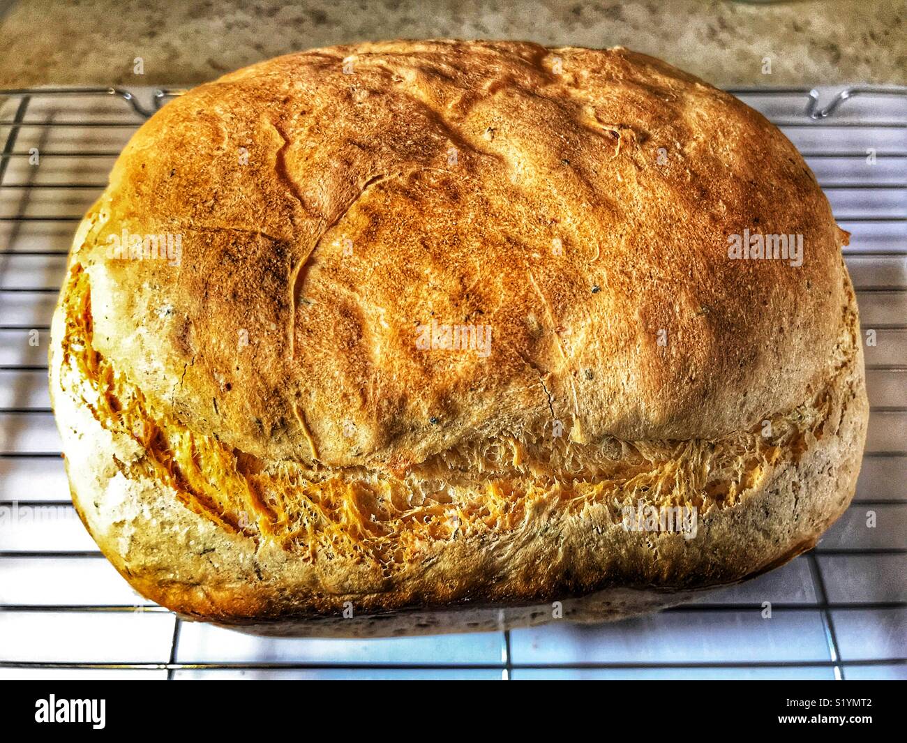 Frisch gebackenes Brot auf eine Kühlung Fach - Smartphone-aufgenommenes Stockfoto