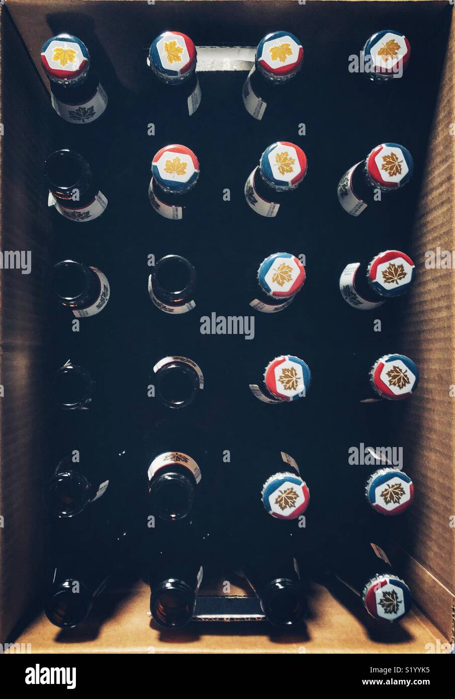 Flache Ansicht von 24 bei halb leer Kanadischen Bierflaschen in natürlichem Licht Stockfoto