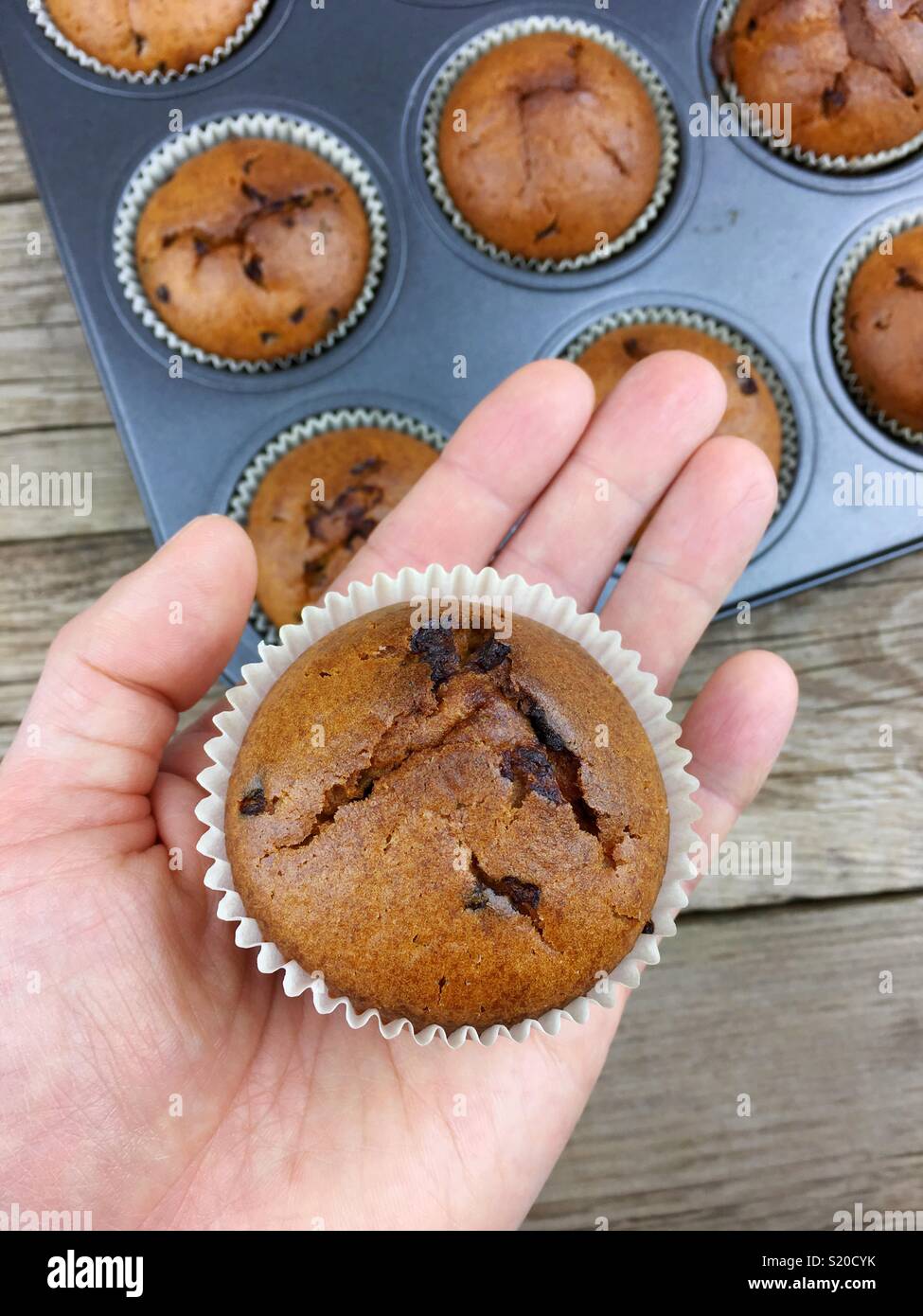 Blick von oben auf die Schokolade Muffins auf einem Holztisch Stockfoto