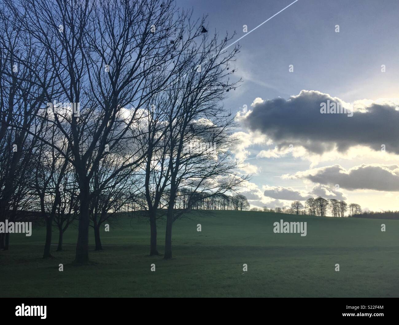 Sun Hintergrundbeleuchtung die Wolken über dem Park Land am Bügel Newsam 2016 Stockfoto