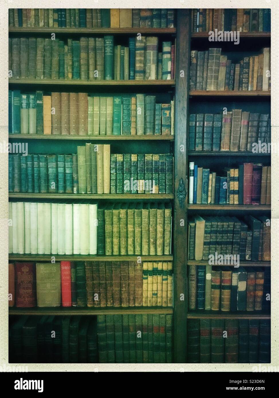 Vintage Bücherregal in Bibliothek mit alten Büchern. Stockfoto