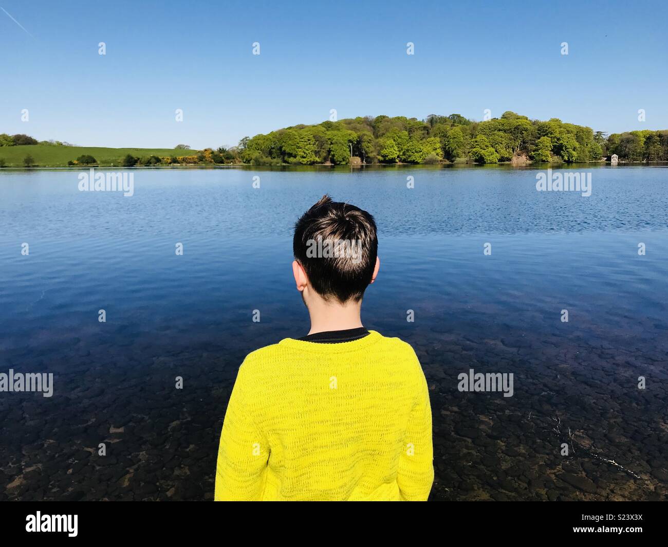 Junge in der gelben Brücke mit Blick auf einen See Stockfoto