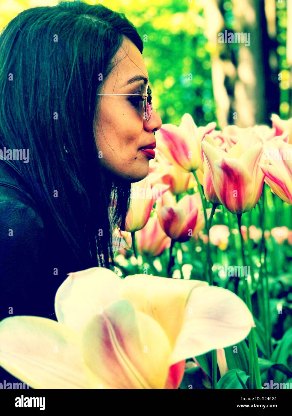 Eine Dame riechen Tulpen. - Smartphone-aufgenommenes Stockfoto