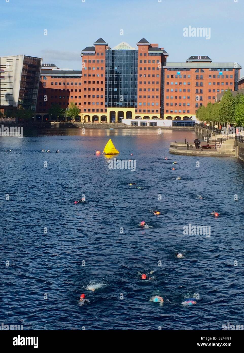 Wasser Schwimmer in Salford Quays zu Öffnen - Smartphone-aufgenommenes Stockfoto