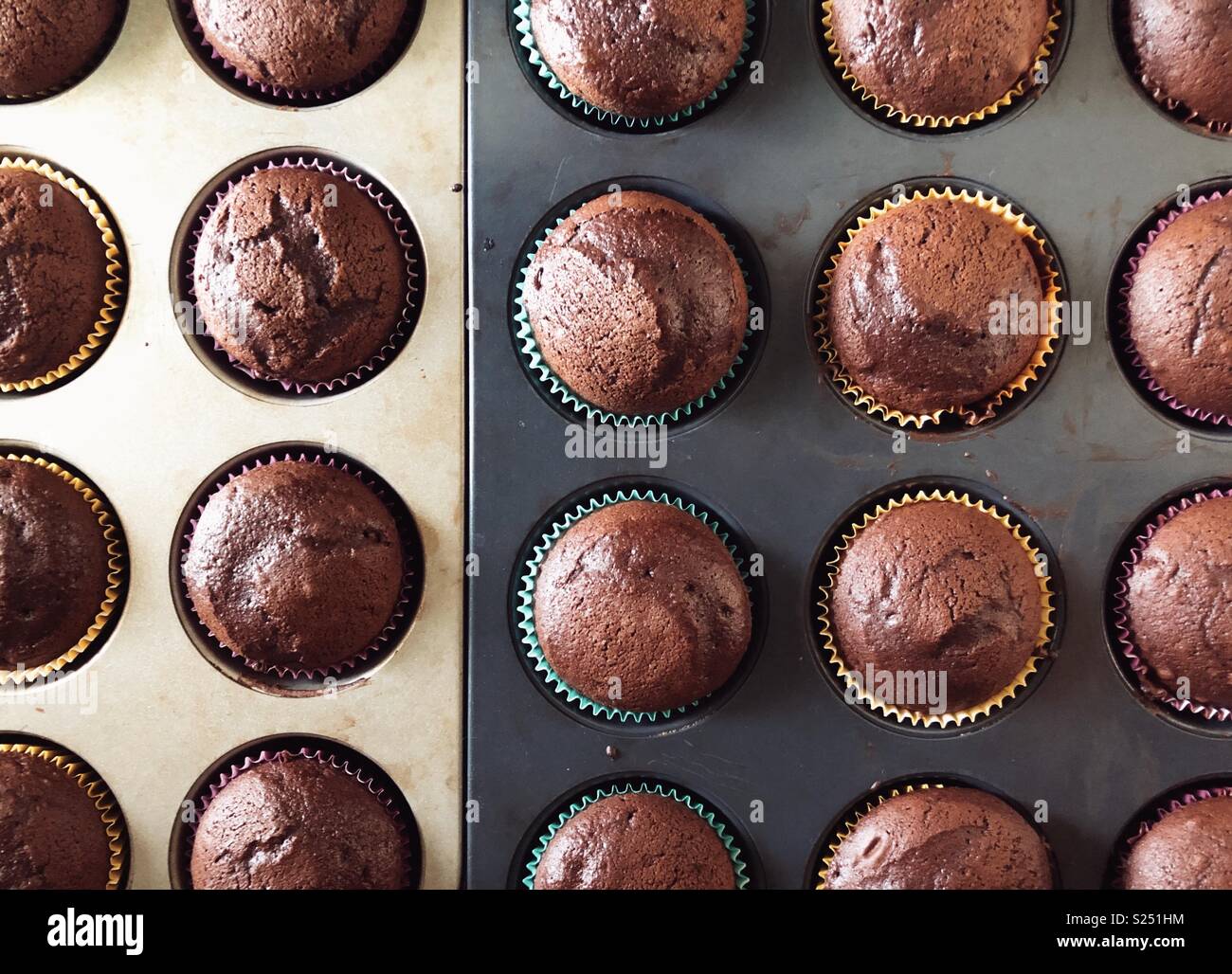 Flach Ansicht von frisch gebackenen chocolate Muffins mit bunten Papier Zylinderbüchsen in hellen und dunklen metal Fächer Stockfoto