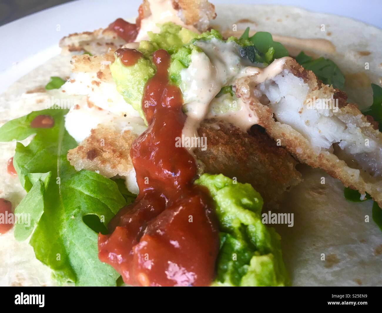 Hausgemachte Fish Taco mit Rakete, Guacamole und Tomaten Salsa. Stockfoto