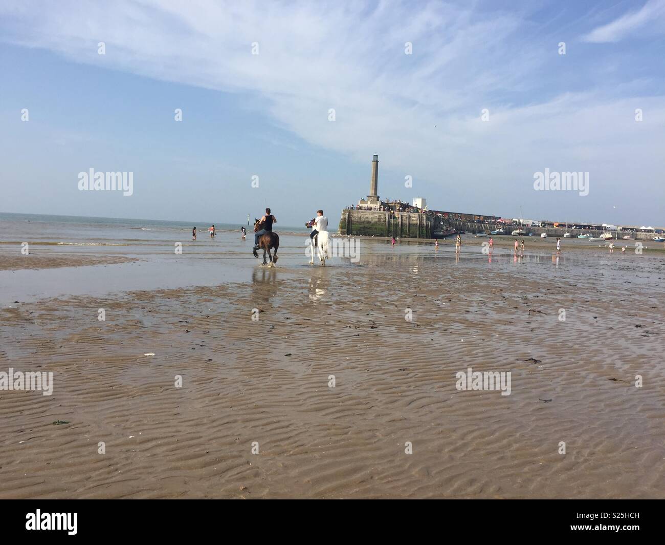 Pferde Abkühlung bei Margate Main Sands auf Feiertag Montag nach Fahrt um Kent Küste mit Reisenden und Traps Stockfoto