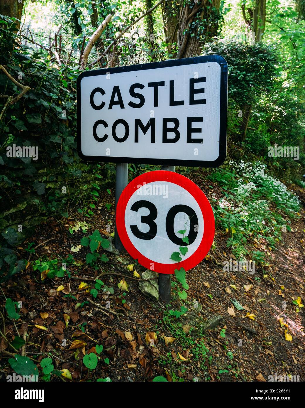 Castle Combe Schild Stockfoto