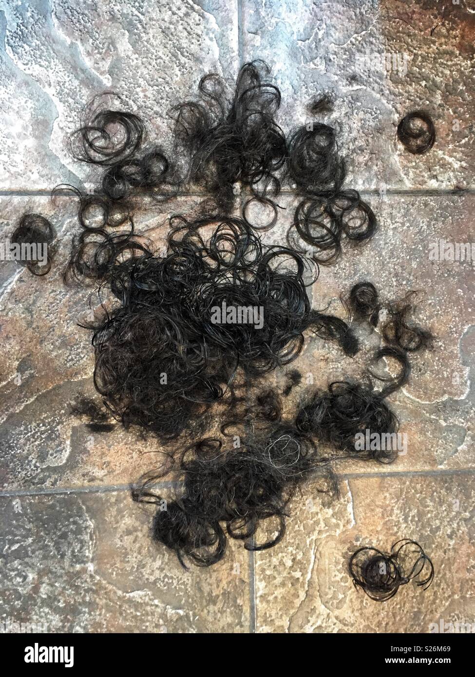 Die abgeschnittenen Haare auf dem Boden eines Friseure - Smartphone-aufgenommenes Stockfoto