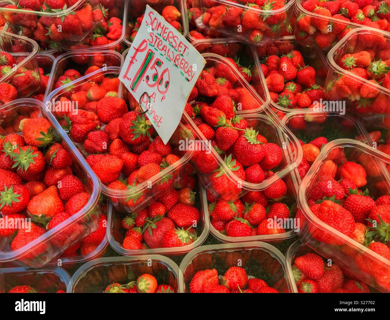 Frisch gepflückt, saftig, Rot, Erdbeeren in Kunststoff Körbchen auf einem Marktstand, hohe Betrachtungswinkel - Smartphone-aufgenommenes Stockfoto