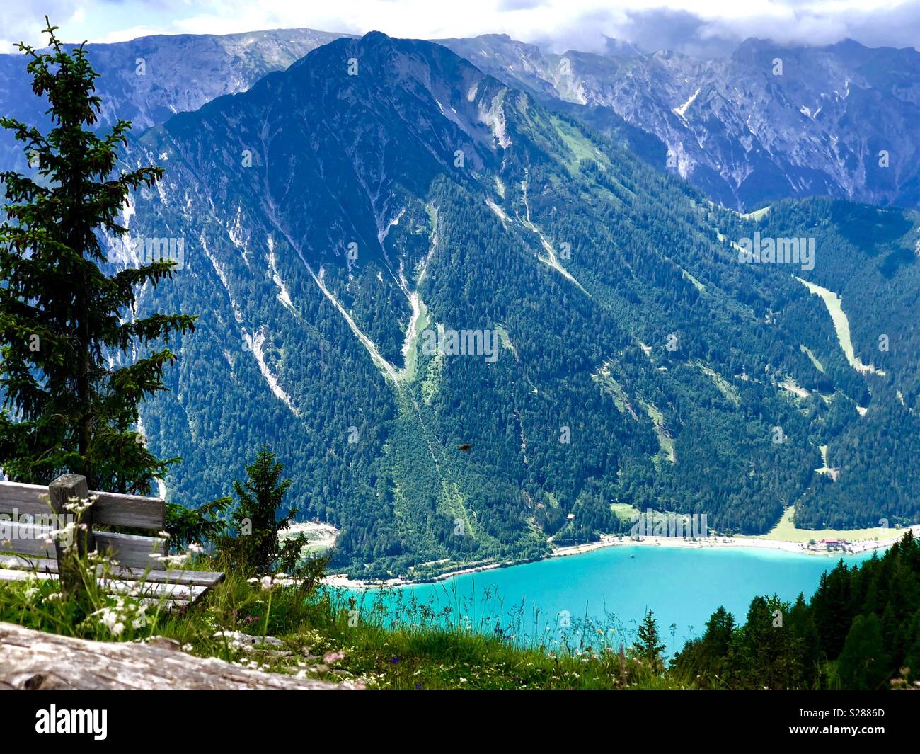 Blick vom Rofan Montains über den Achensee, Österreich, Europa - Smartphone-aufgenommenes Stockfoto