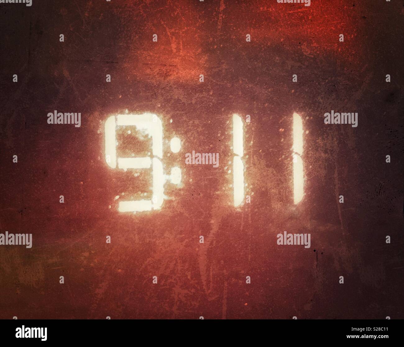 Die Zeit 9:11 auf eine digitale Uhr in einer kreativen grunge Weise verarbeitet Stockfoto