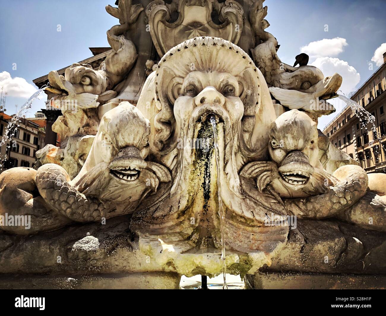 Auf dem Brunnen des Pantheon zeigt zwei Delfine und eine groteske Maske sprudelnden Wasser Detail. Rom. Italien. Stockfoto