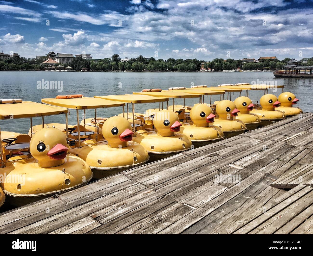 Zeile von der Ente Form Boote durch eine Promenade in einem Park. Stockfoto