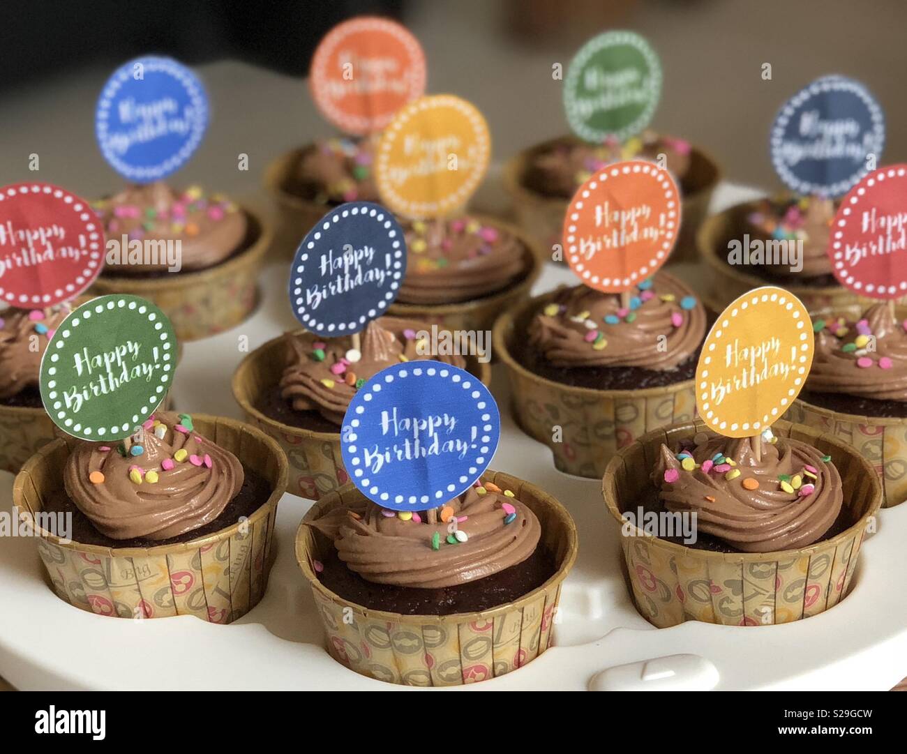 Geburtstag Cupcakes mit toppers Stockfoto