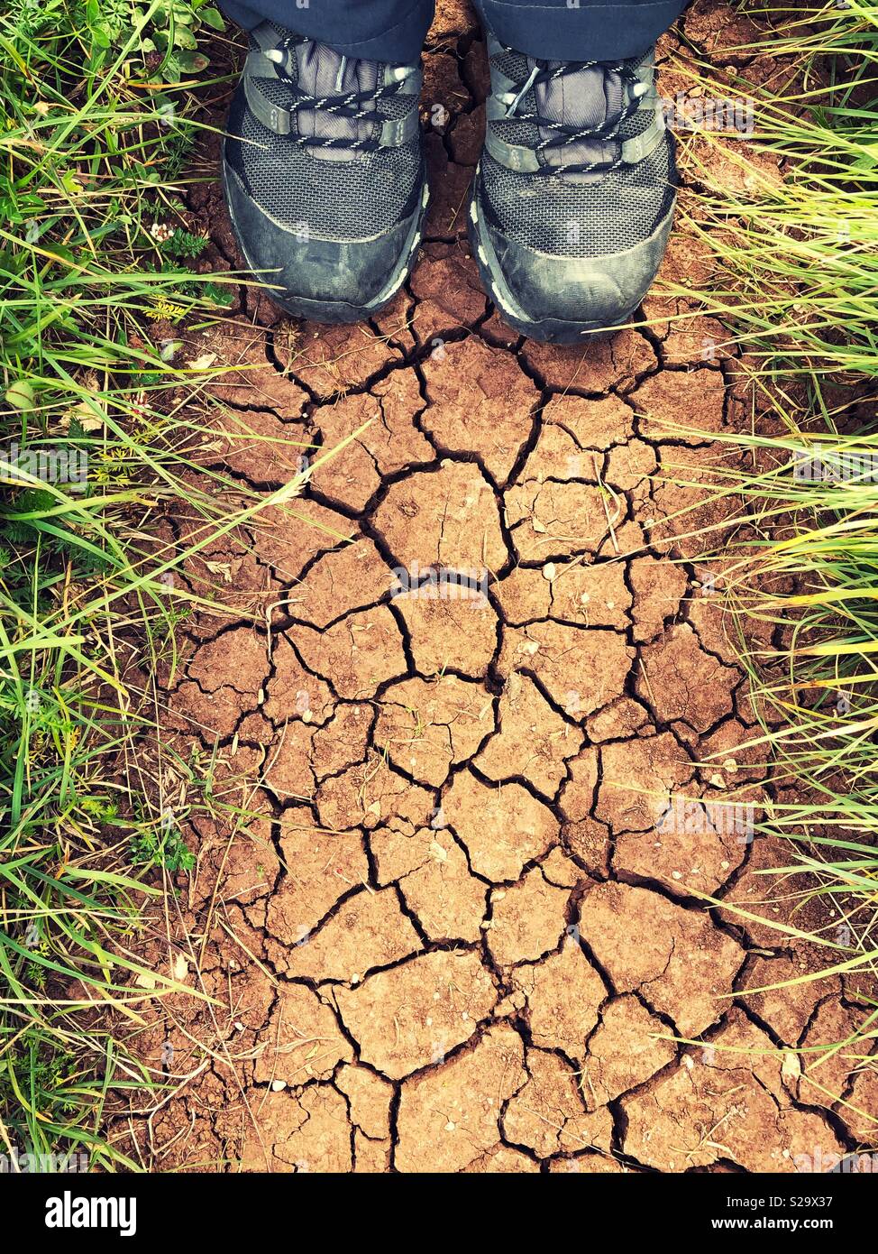 Wanderschuhe von oben auf trockene Rissige Erde - Smartphone-aufgenommenes Stockfoto