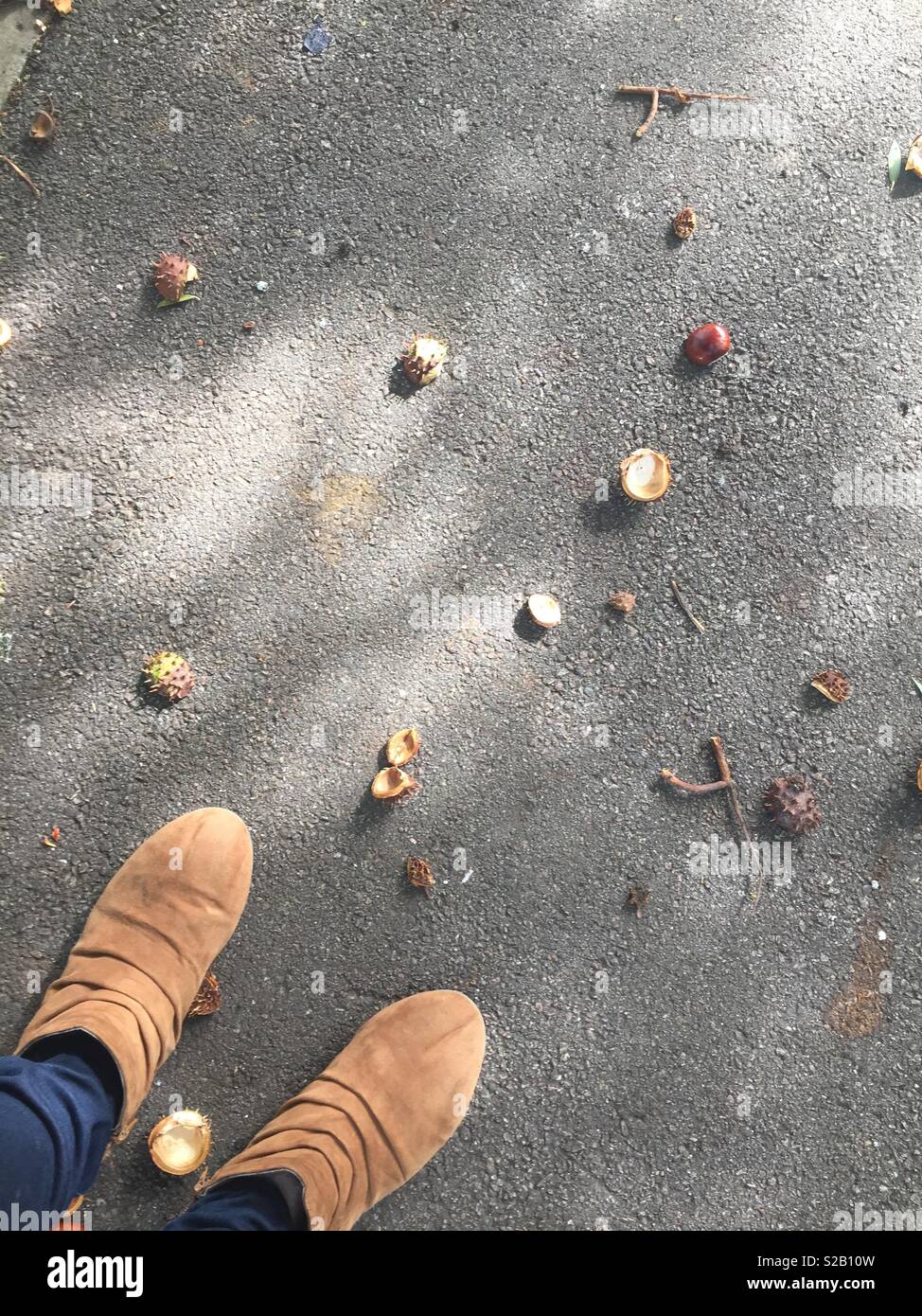 Frühe Anzeichen des Herbstes: Wandern auf einem asphaltierten Weg durch die Konker. Zwei Füße in braunen Stiefeln. - Smartphone-aufgenommenes Stockfoto