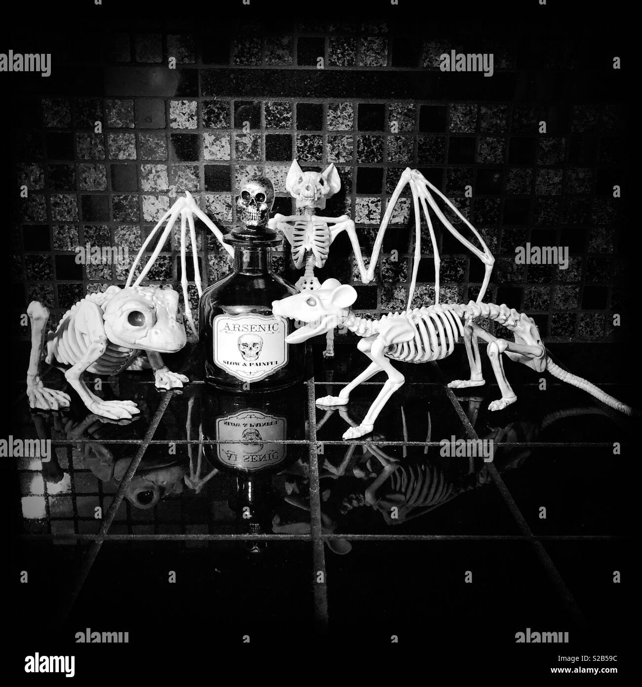 Halloween Skelette und eine Flasche Gift - Smartphone-aufgenommenes Stockfoto