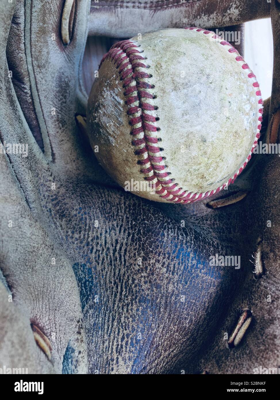 Nahaufnahme von Baseball in Handschuh Stockfoto