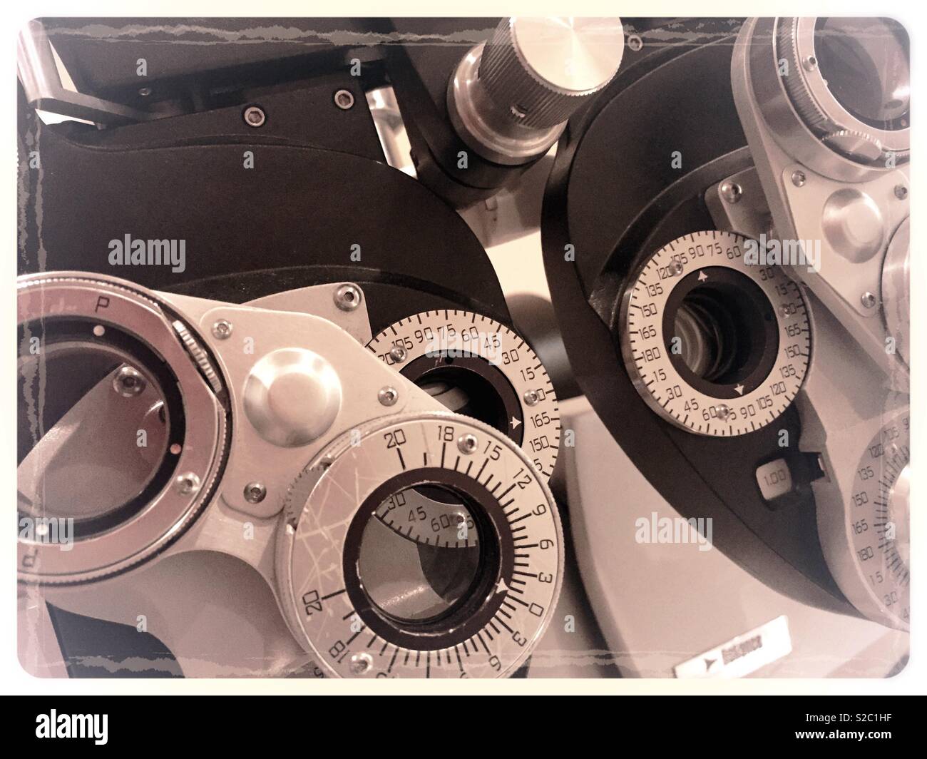 Ophthalmologie Office Nahaufnahme der phoropher Brechung Maschine, USA Stockfoto